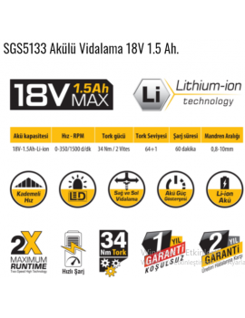 SGS5133 Akülü Vidalama 18 Volt 1.5 Amper..