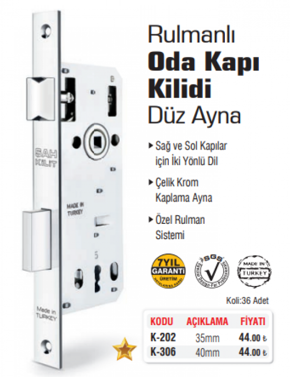 SGS Rulmanlı Oda Kapı Kilit Düz Ayna Krom 40mm K-306