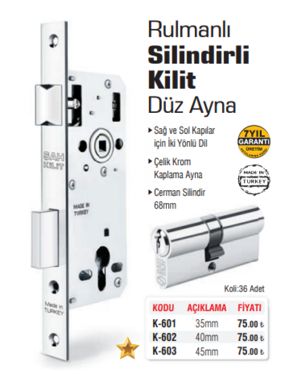 SGS Rulmanlı Silindirli Kilit Düz Ayna Krom 35mm K-601