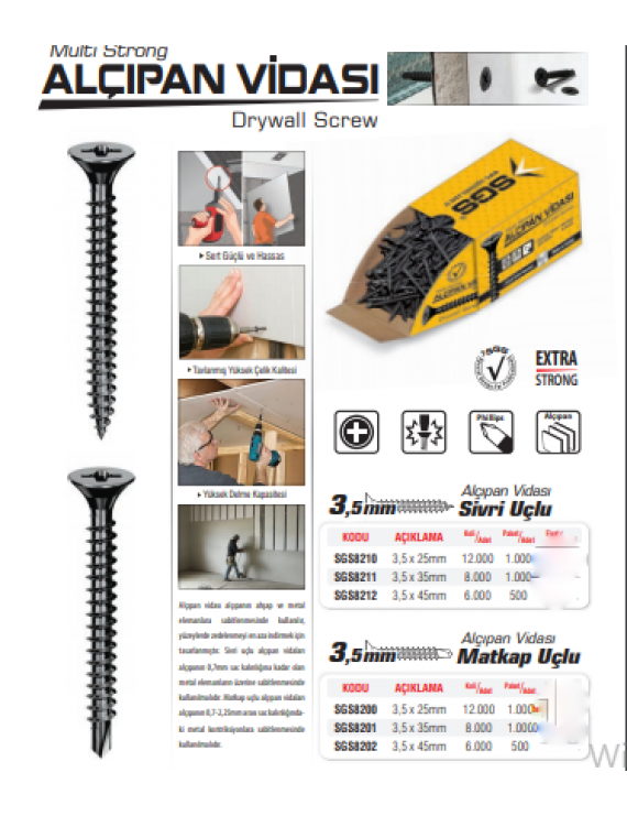 SGS8202 MATKAP UÇLU ALÇIPAN VİDASI SİYAH 3.5x45 MM (500 ADET)