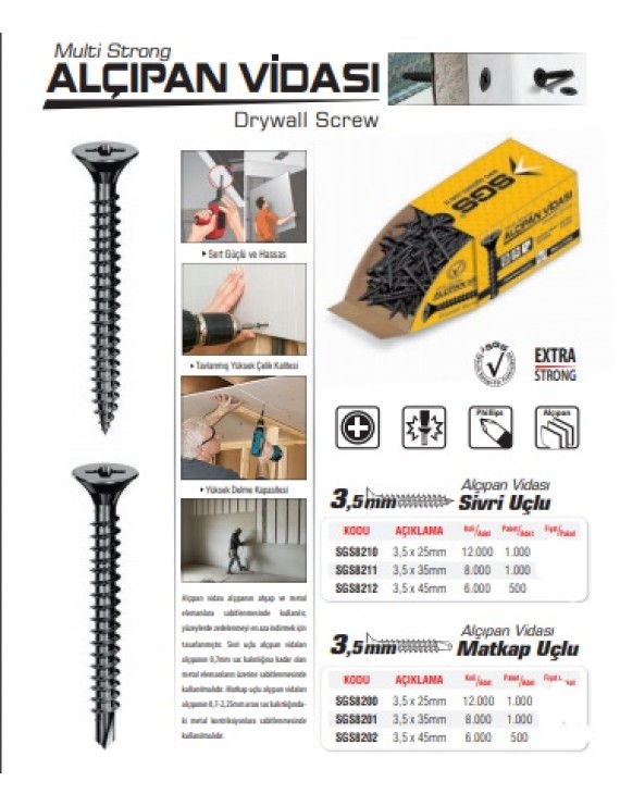 SGS8210 Alçıpan Vidası Sivri Uçlu Siyah 3,5x25Mm (1000 Adet)